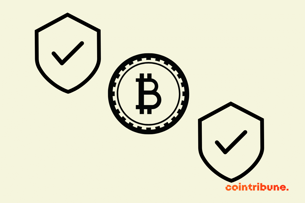 Dos escudos que simbolizan la seguridad, con un trozo de BTC en el centro