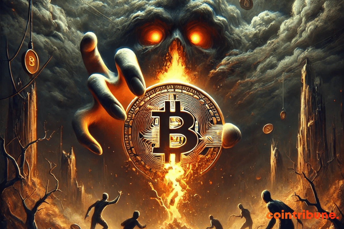 A deep fear of the unexpected in the crypto world. Bitcoin cracks, releasing dark and uncontrollable forces, in a dystopian setting symbolizing the chaos to come. Source: Evans Selemani