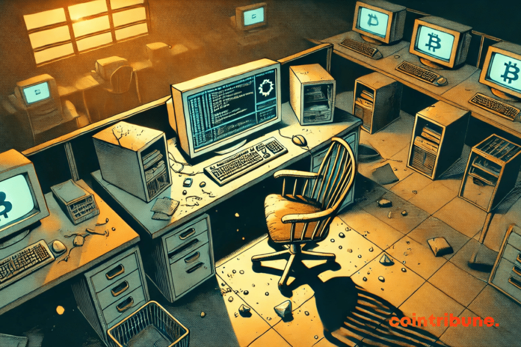 Illustration of an abandoned developer's office with a screen displaying a broken blockchain.