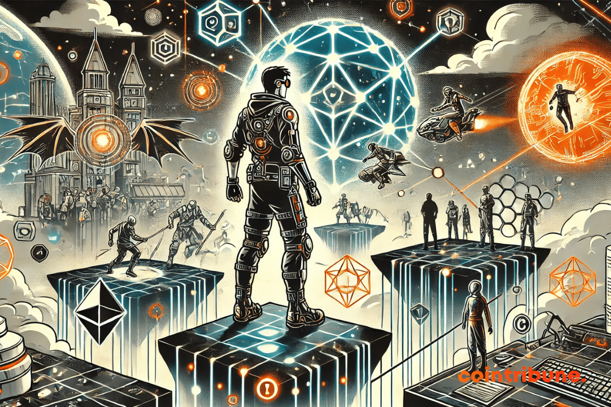 illustration on interoperability in Web3 gaming, with a character walking on a luminous digital bridge connecting several game worlds
