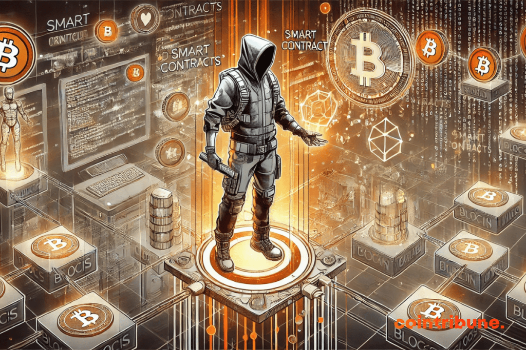 Illustration depicting a smart contract in blockchain games, with a futuristic character activating a holographic digital contract, surrounded by connected blockchains.