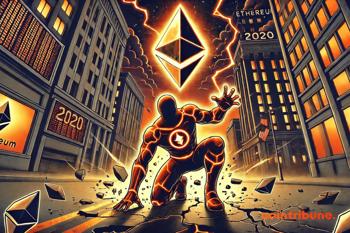 A superhero embodying the Ethereum crypto, in a battered orange suit, kneels in the heart of a deserted and chaotic financial district.