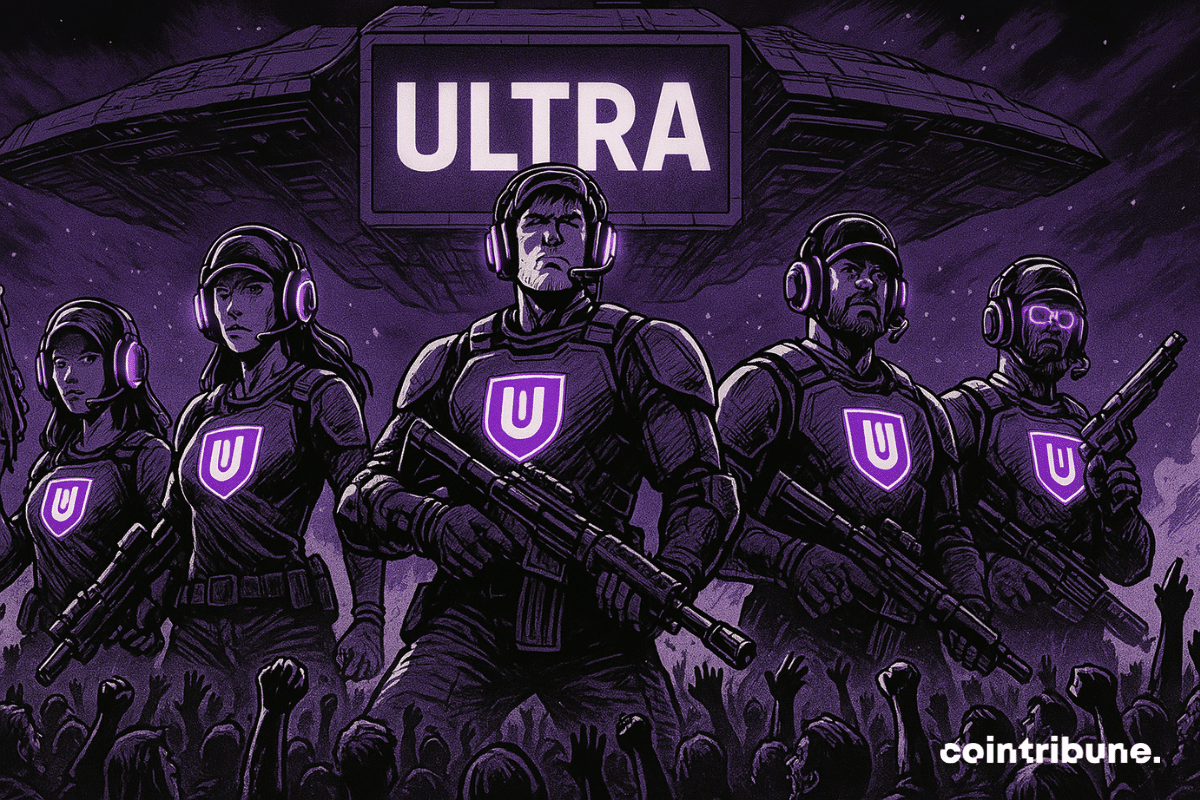 Une escouade futuriste de soldats armés aux couleurs d’Ultra se tient devant une foule en liesse, sous un vaisseau spatial massif portant l’inscription "ULTRA" lumineuse dans une ambiance de science-fiction.
