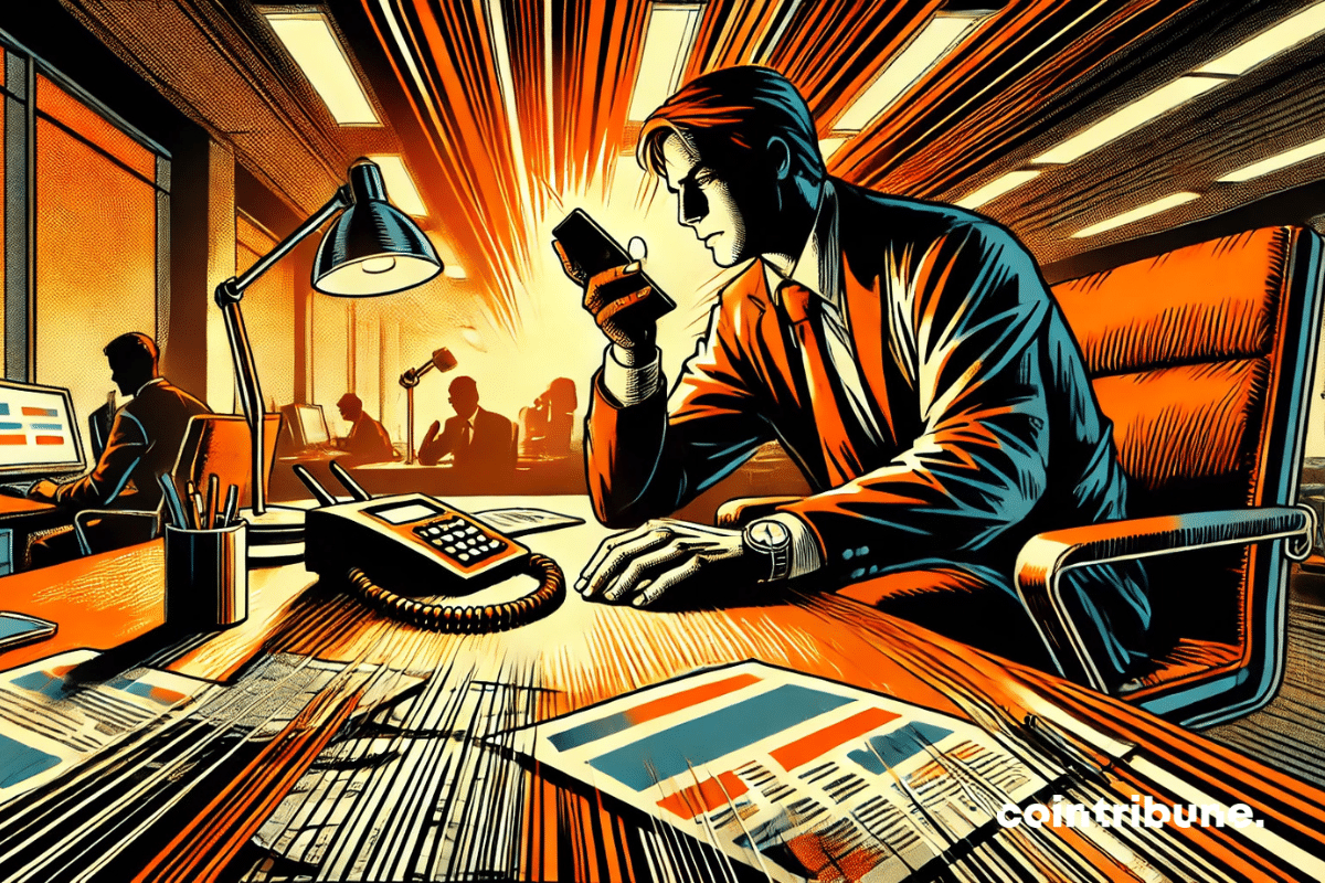 Illustration of crypto CEO OM holding a phone, visibly concerned about the situation.