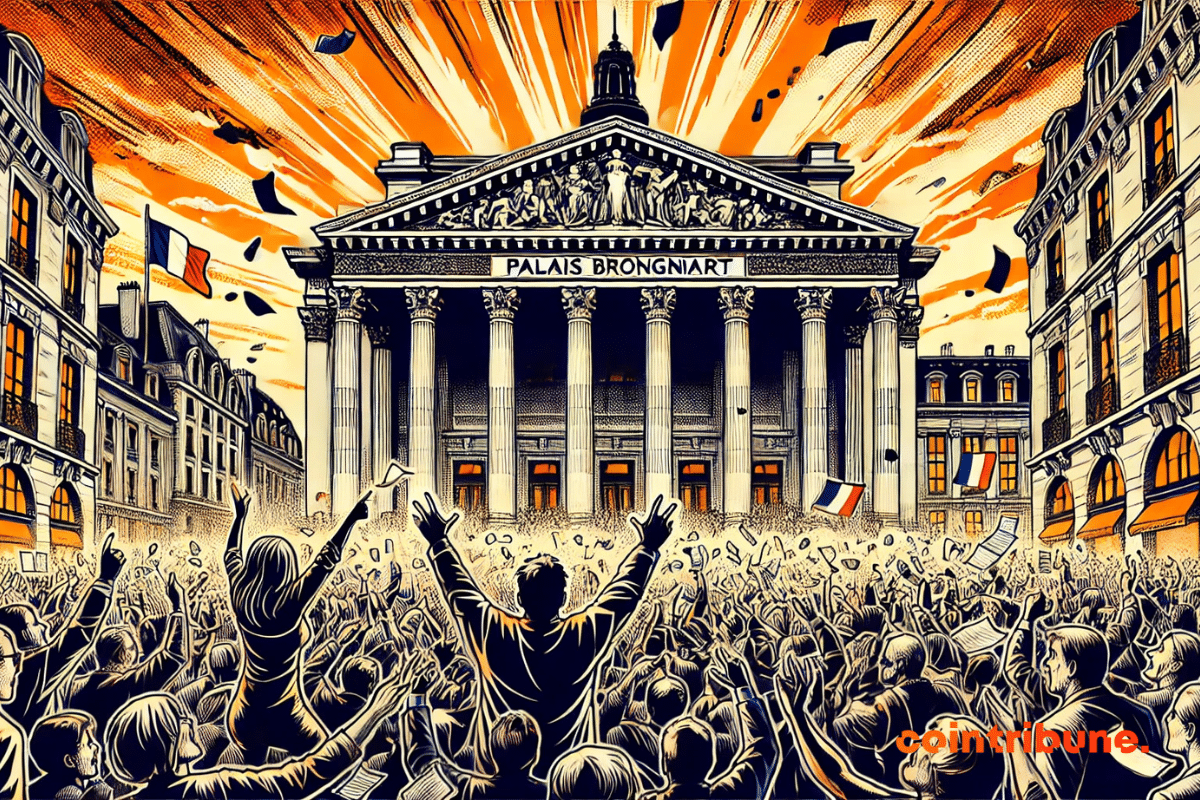 The collective euphoria in front of the Paris Stock Exchange (Palais Brongniart).