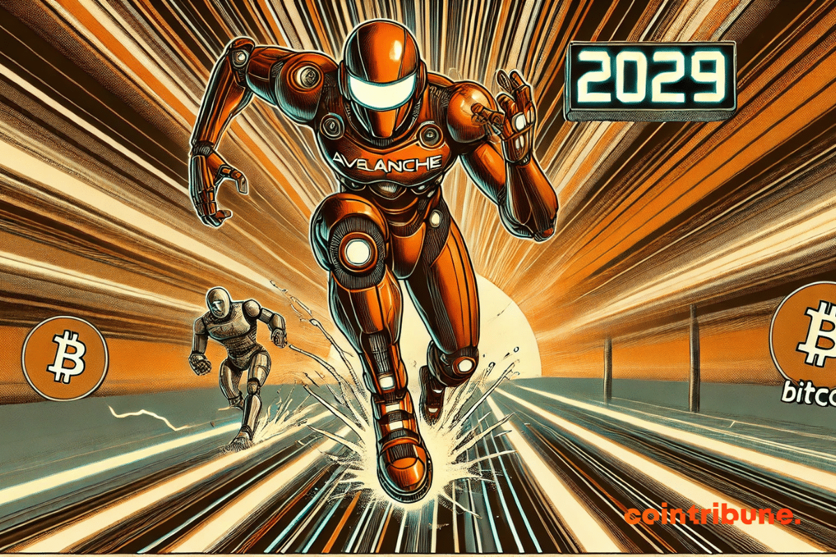 A frozen moment mid-stride, where Avalanche (AVAX) smashes the ground with power, leaving Bitcoin behind.