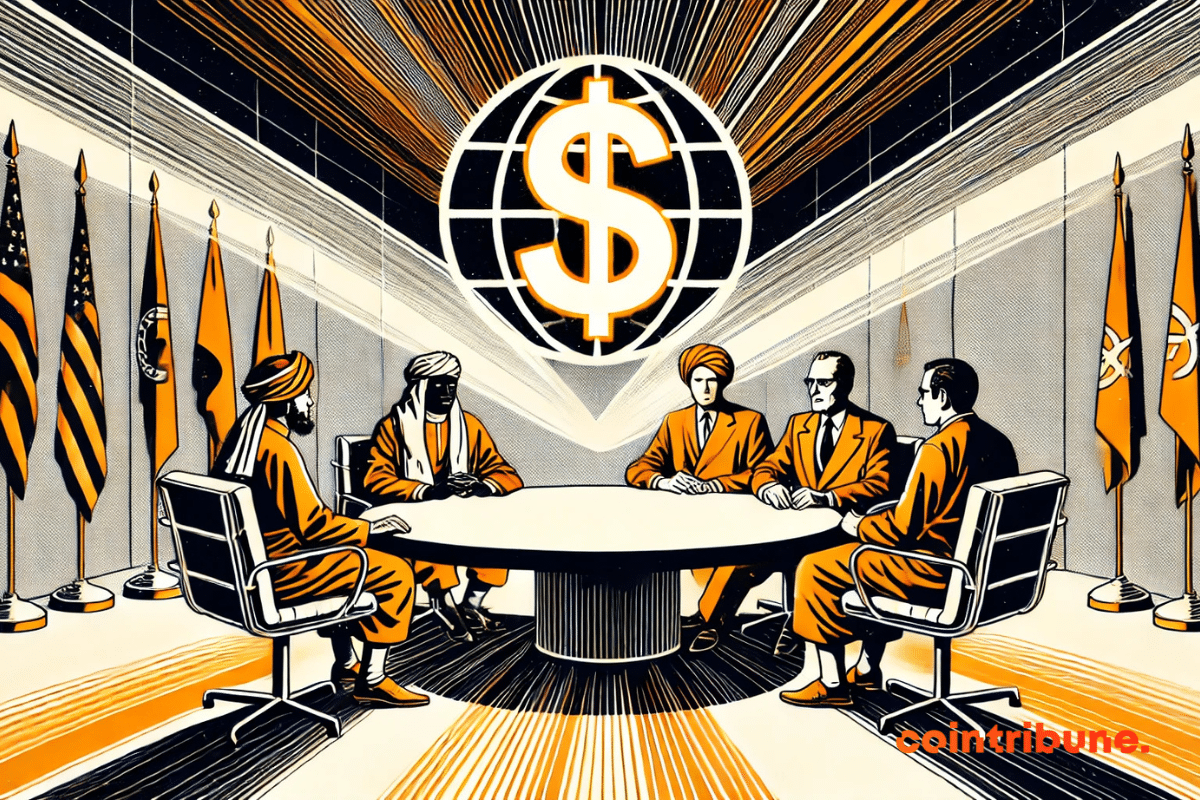 Representantes do bloco BRICS debatendo em torno de um dólar projetado, em uma atmosfera tensa e estratégica.