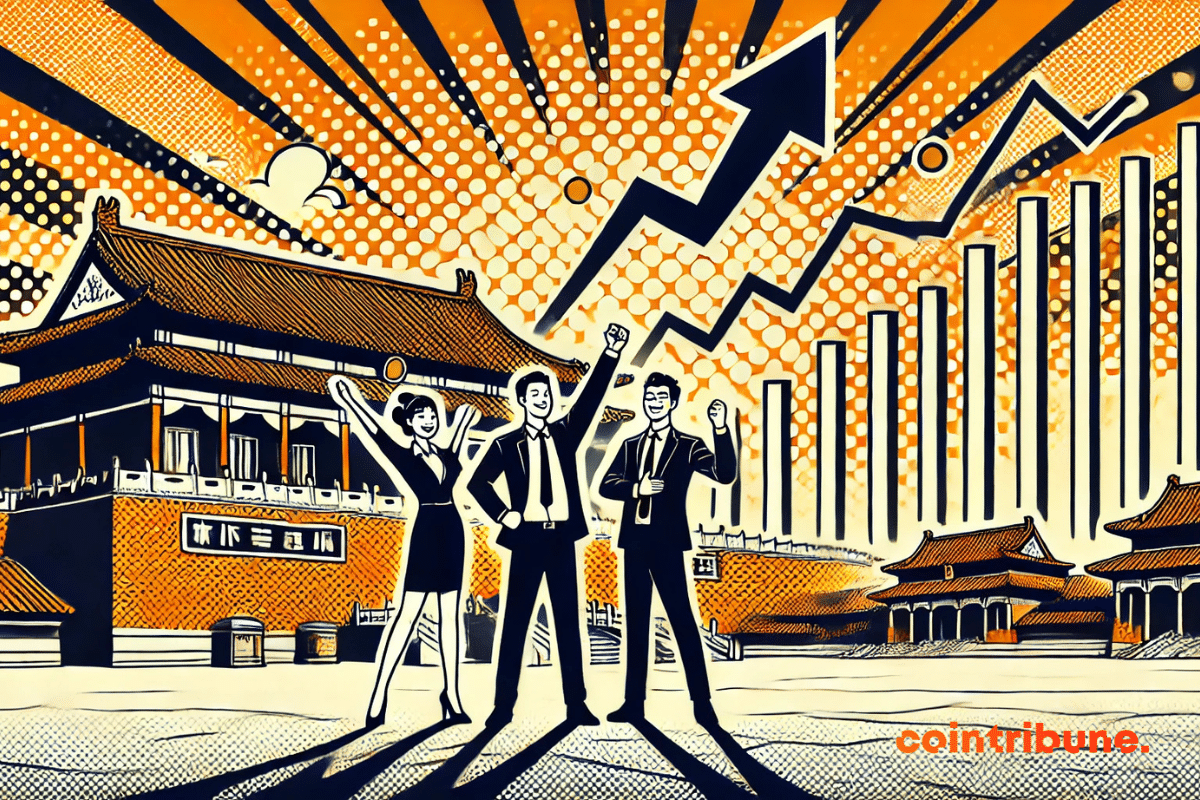 A euforia de um momento triunfal, com a Cidade Proibida ao fundo e elementos econômicos simbólicos flutuando no céu, simbolizando uma futura vitória da China sobre Trump.
