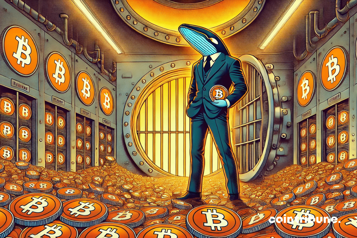 An anthropomorphic whale inside a giant vault filled with Bitcoin.