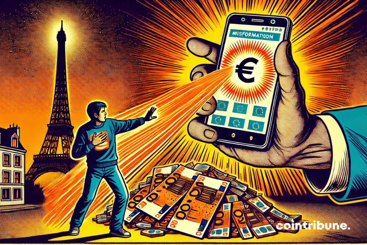 O smartphone gigante projeta um raio ameaçador sobre os euros, enquanto um cidadão francês se interpõe.
