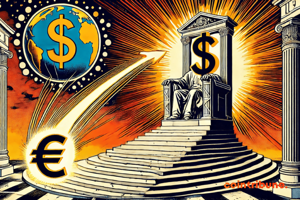 Ilustração de um dólar sentado em seu trono observando a ascensão do euro