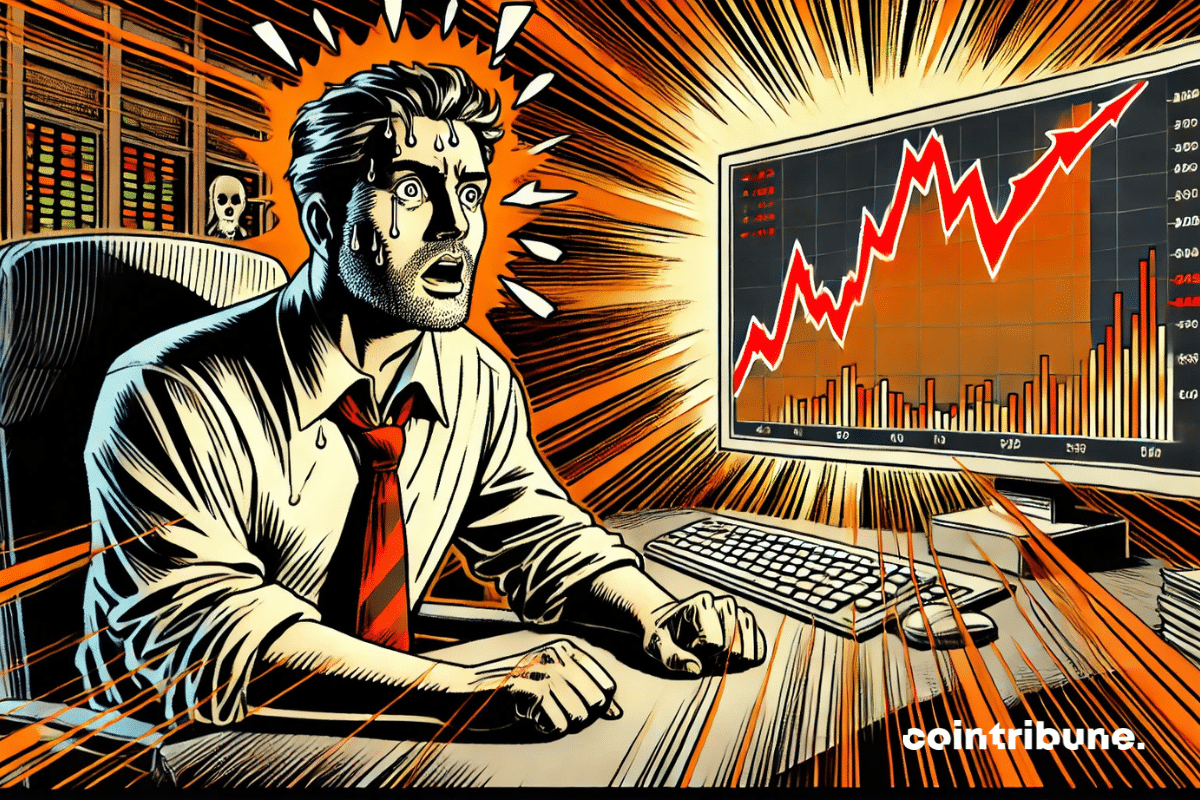 Trader with tense face, eyes glued to a screen. The screen shows a plunging red curve, followed by a sudden orange rebound.