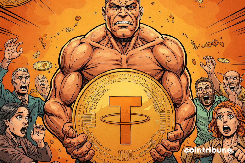 A golden muscle representing the Tether crypto company that dominates the prevailing fear