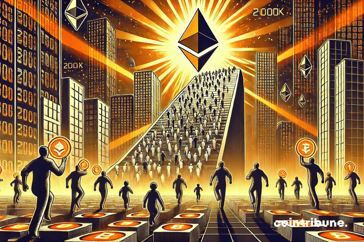 Des centaines de silhouettes anonymes gravissent les marches Ethereum, chacune portant un stablecoin brillant.