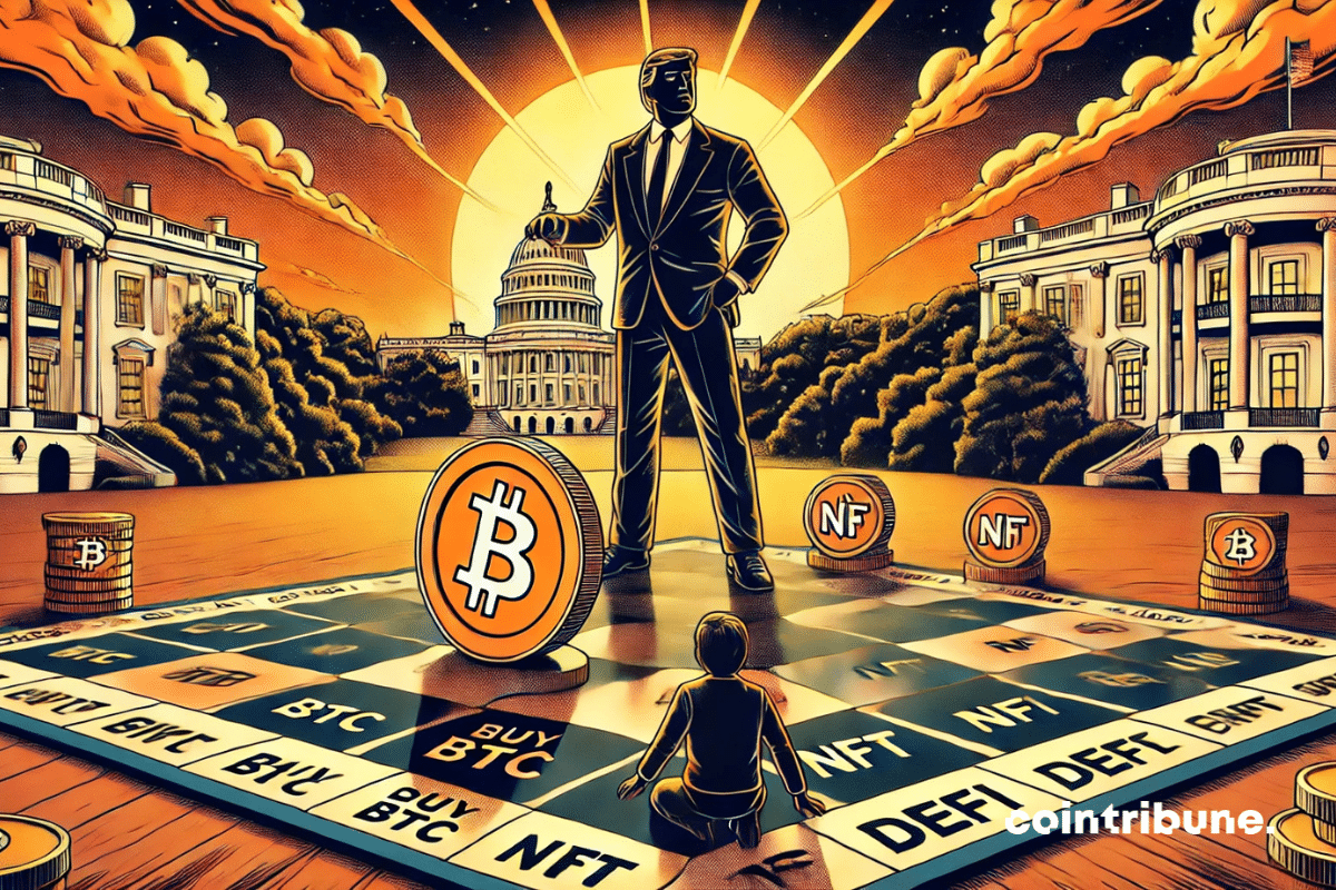 Un gigantesque plateau de jeu crypto, avec un président caricaturé déplaçant un jeton NFT