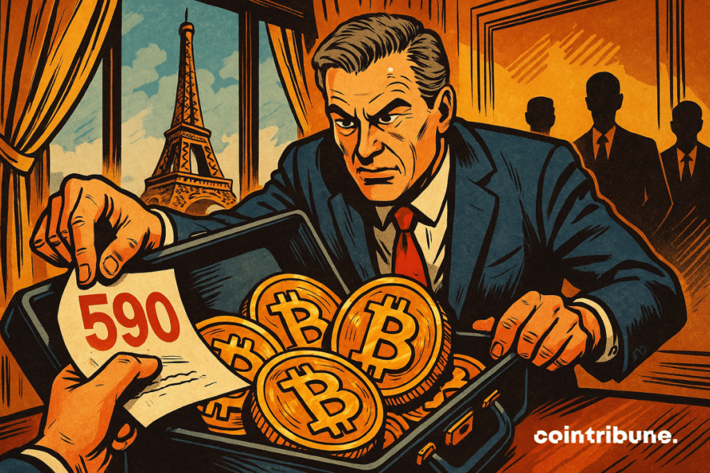 Un hombre de negocios francés de aspecto decidido abre un maletín lleno de monedas de Bitcoin doradas.