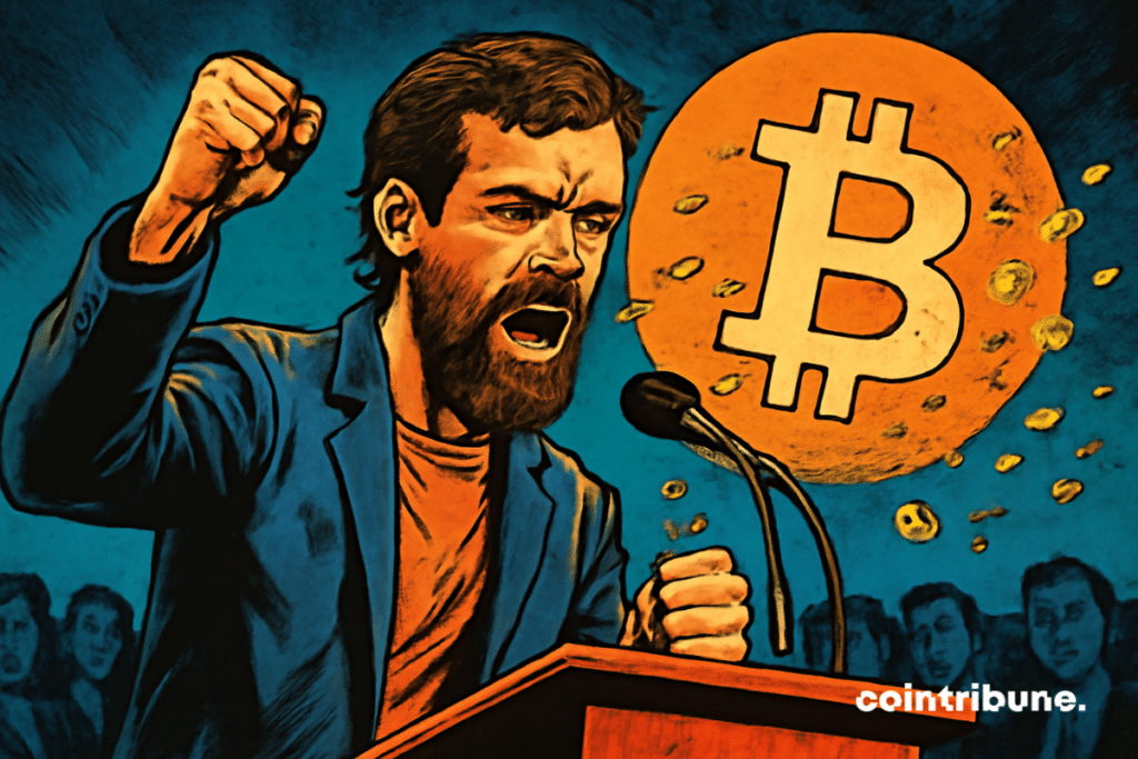 Ilustración de Jack Dorsey con el puño en alto, defendiendo Bitcoin.