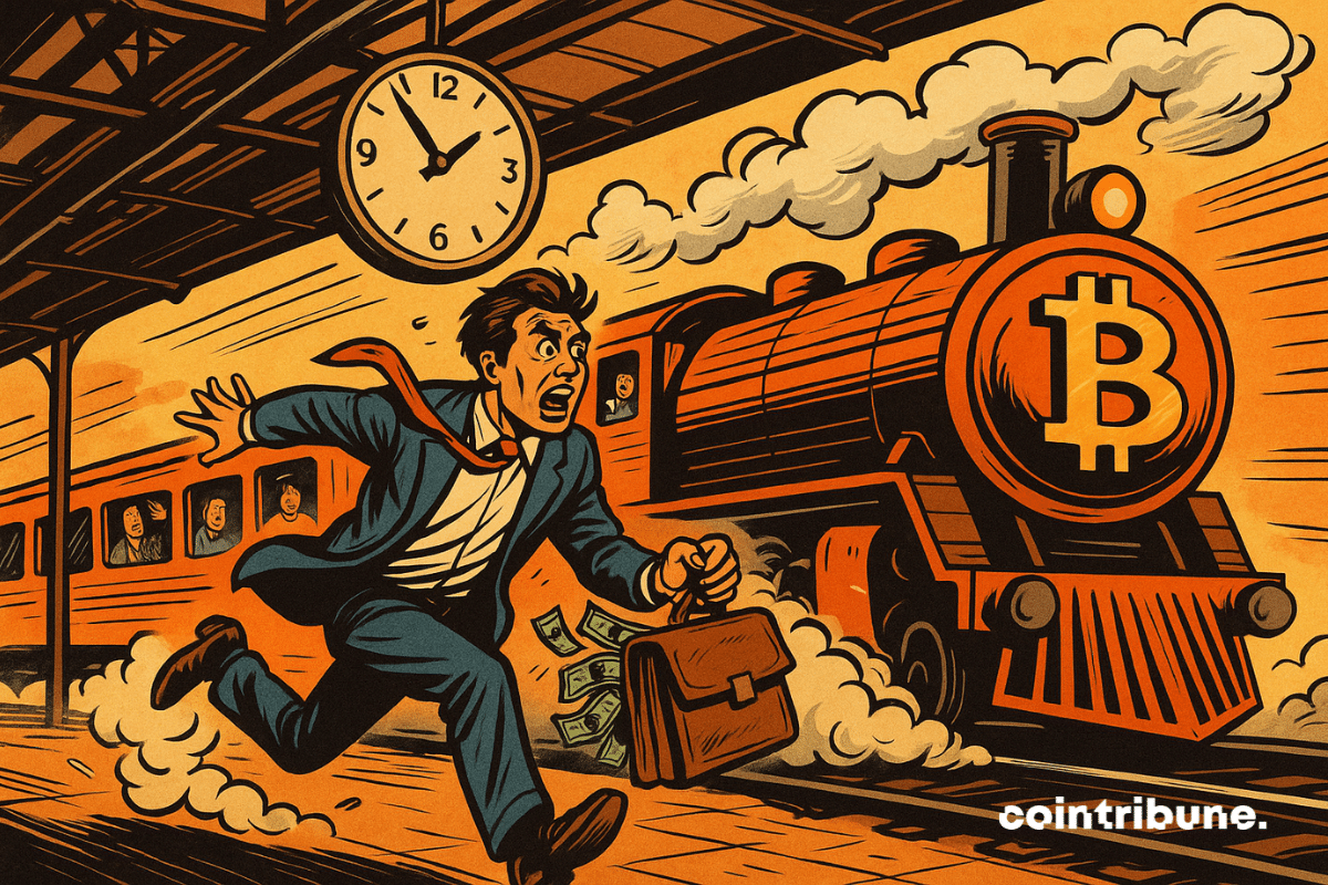 Un train Bitcoin quitte la gare. Un investisseur court derrière la locomotive.