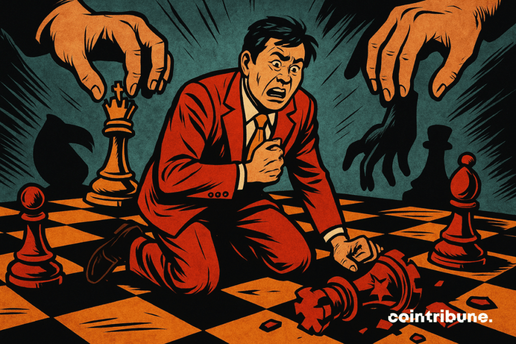 Indivíduo chinês ajoelhado em um tabuleiro de xadrez geopolítico
