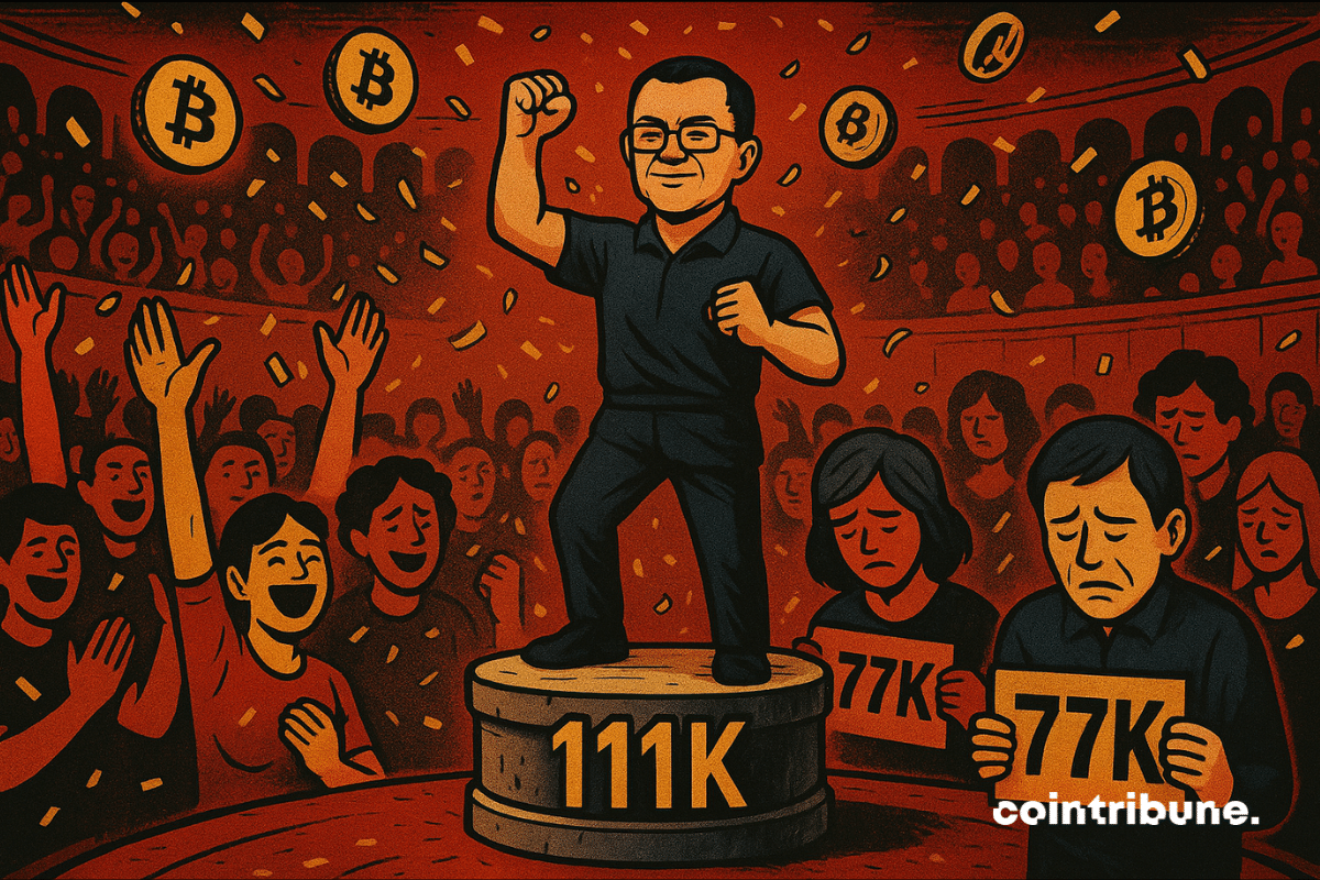 CZ de pé torcendo pelos detentores de Bitcoin.