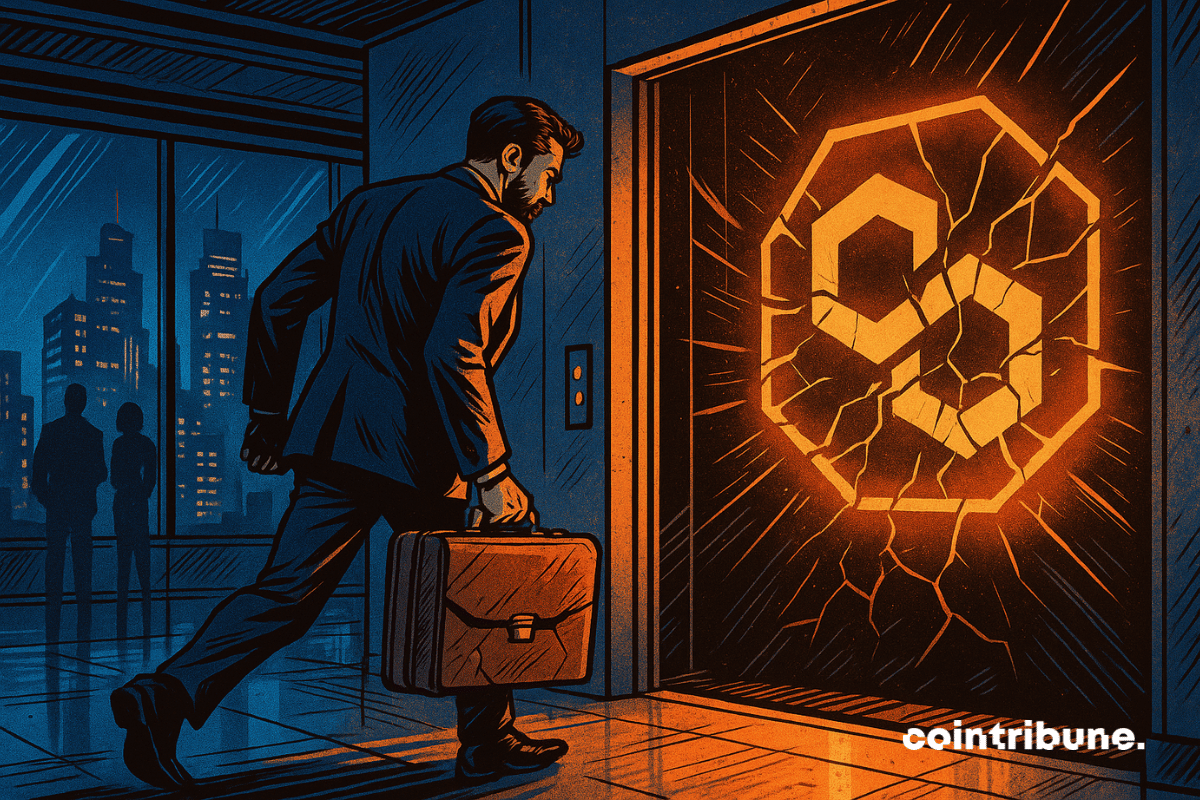Illustration of Mihailo Bjelic preparing to walk through a shattered Polygon logo door.