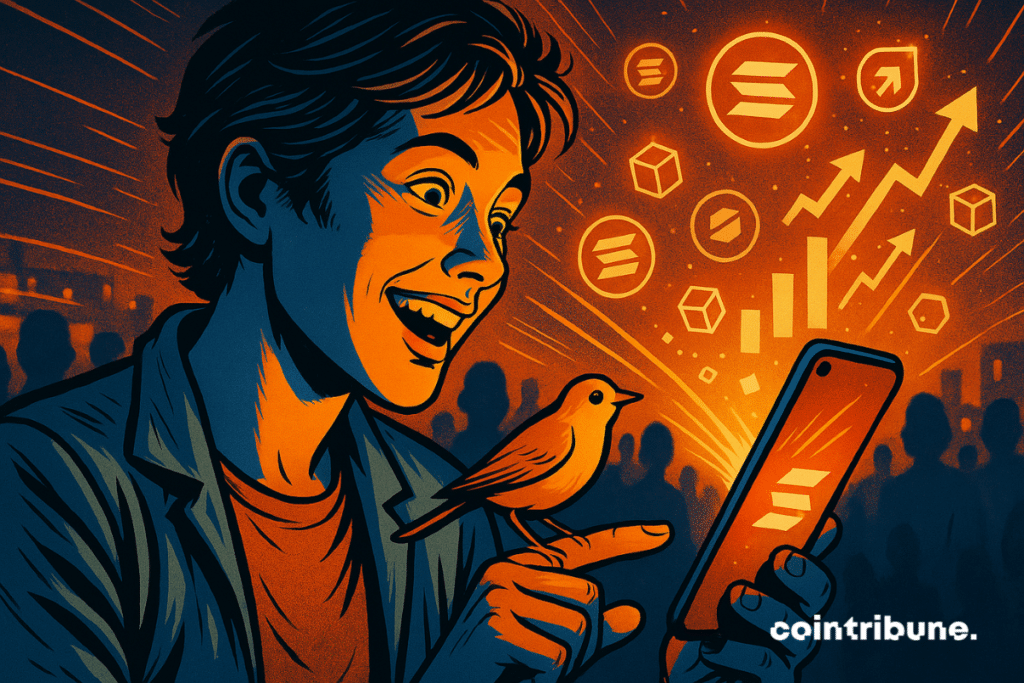 Young investor amazed by a smartphone surrounded by various symbols, including a bird and an Ethereum logo