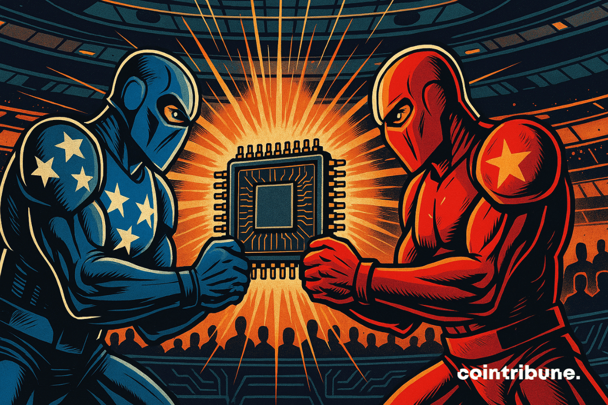 Dois gladiadores, um representando os EUA e o outro a China, competindo por um chip de IA