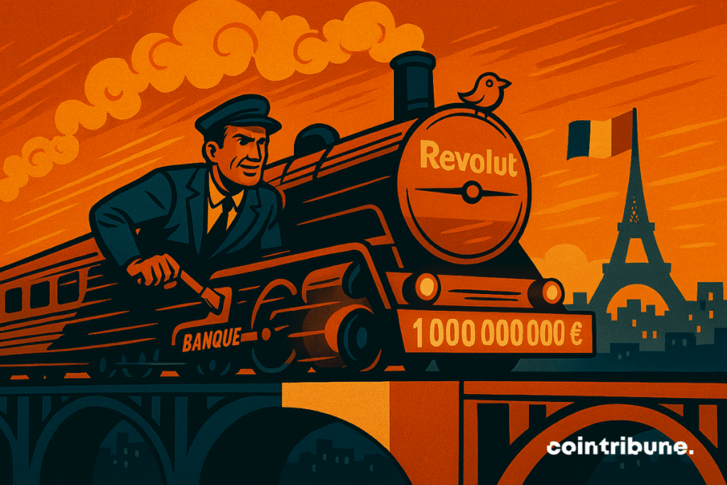 Train Revolut (banque pro crypto) traversant la France et à la tête de laquelle est écrit "1 milliard d'€"