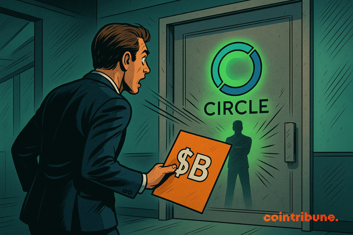 Un hombre trajeado sostiene un cartel de «$B» y se dirige a una puerta de cristal en la que se ve el logotipo iluminado de Circle, detrás del cual hay una silueta.