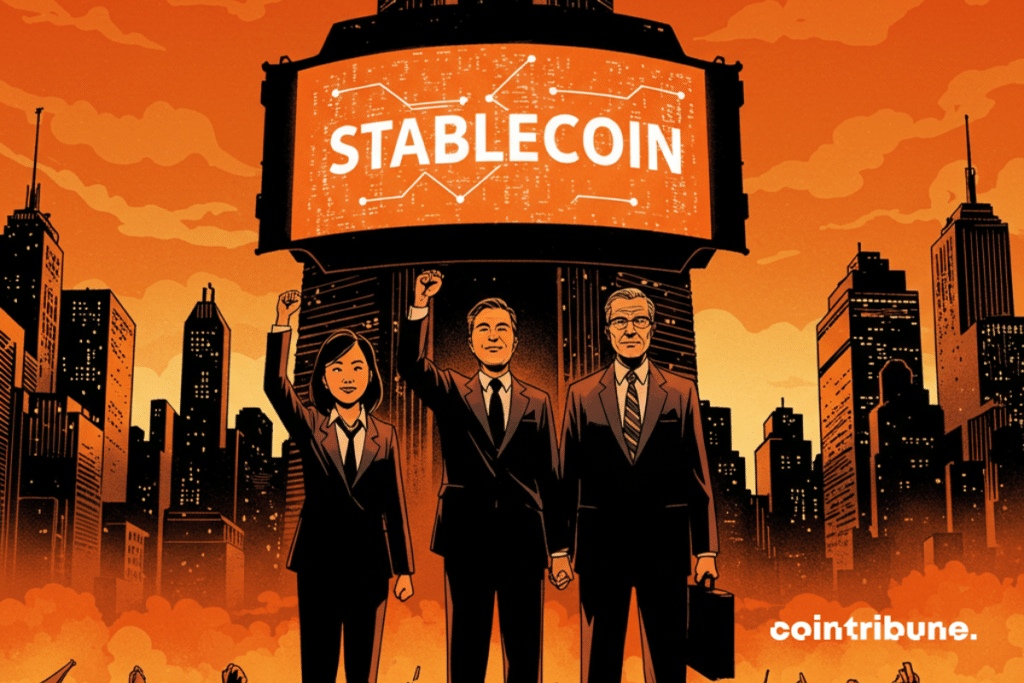 Uma ilustração que simboliza a ascensão das stablecoins, personificada por três pessoas determinadas.