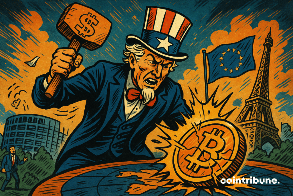 Uma figura simbólica representando os EUA de Trump (Tio Sam) golpeando uma imensa moeda de Bitcoin, enquanto prédios europeus tremem ao fundo.