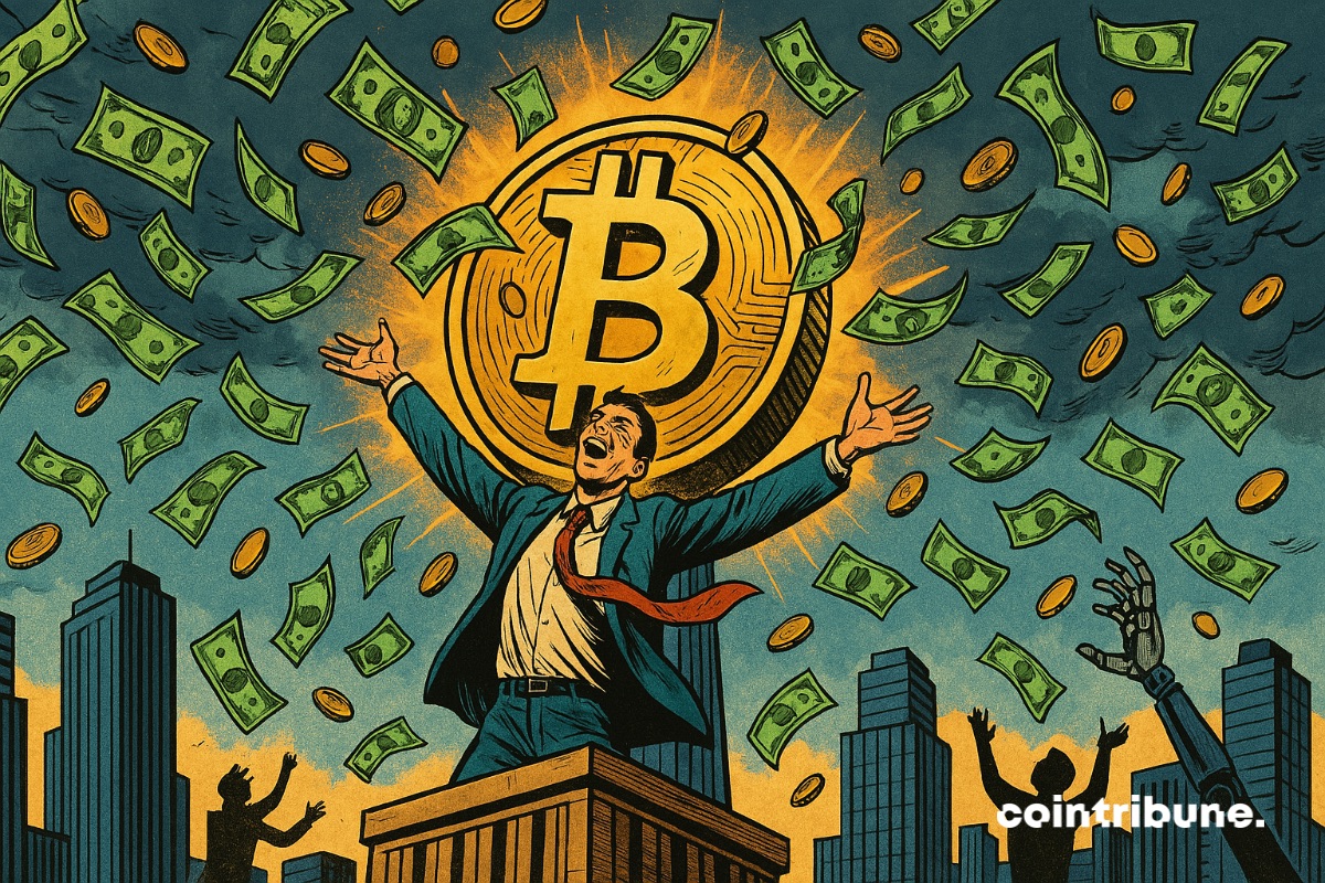 Um investidor em frente a uma grande moeda de bitcoin, com uma chuva de notas caindo sobre ele.