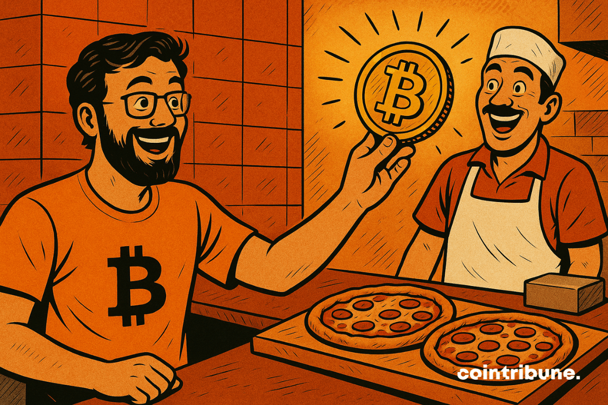 Laszlo Hanyecz, con una camiseta con el logotipo de Bitcoin, sonríe a un vendedor de pizzas, ambos sonrientes mientras exhiben con orgullo el símbolo de Bitcoin.
