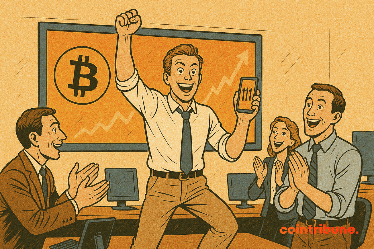 Des traders en liesse applaudissent dans un bureau tandis qu’un homme brandit un téléphone affichant “111” devant un graphique haussier et un logo Bitcoin.
