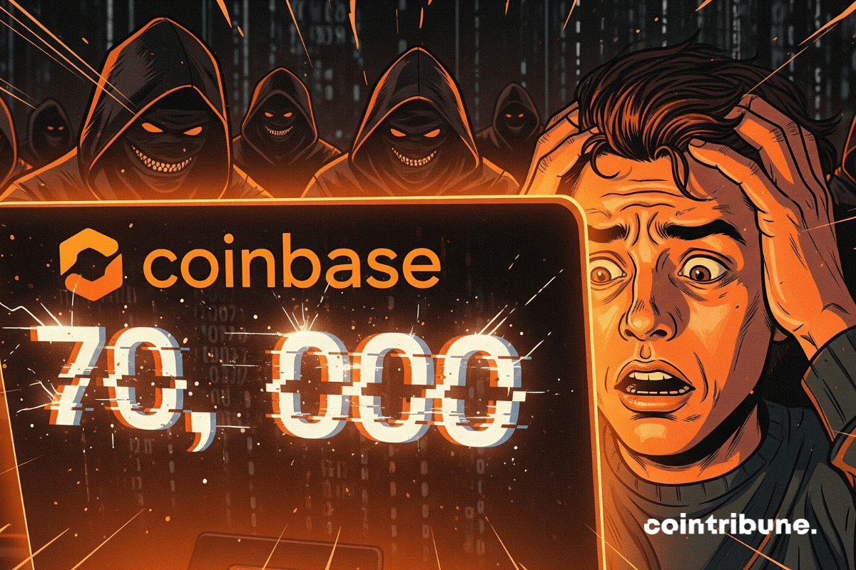 Visage choqué d’un investisseur crypto voyant l’écran Coinbase affichant le chiffre 70 000
