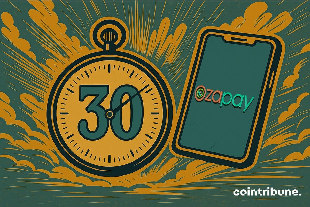 Un grand chronomètre affichant le nombre 30 est entouré d’explosions de couleur, à côté d’un smartphone montrant le logo Ozapay, évoquant des gains crypto rapides.
