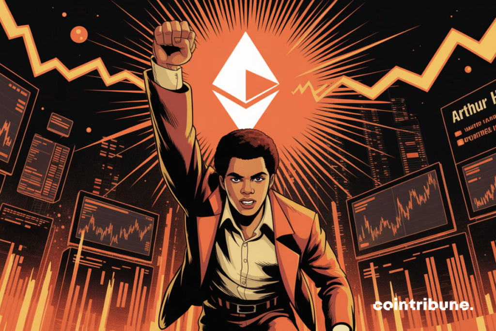Arthur Hayes, puño en alto hacia un Ethereum, con el telón de fondo de unos gráficos financieros al alza