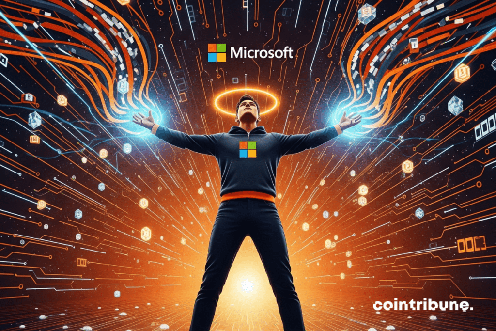 Um avatar estilizado da Microsoft, em pé no centro de um piso digital com padrão blockchain, com os braços abertos