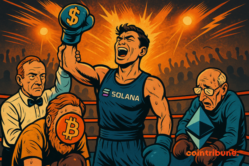 Em um ringue de boxe, um lutador triunfante de Solana levanta um punho enluvado com um cifrão, enquanto Bitcoin e Ethereum exaustos se curvam diante dos olhos do público e de um árbitro.