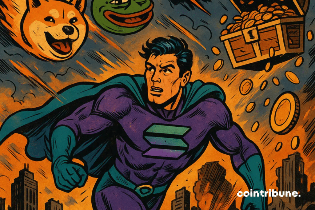 A superhero playing Solana (purple/green costume with lines reminiscent of the logo). He runs up a building, catching a bright glow.