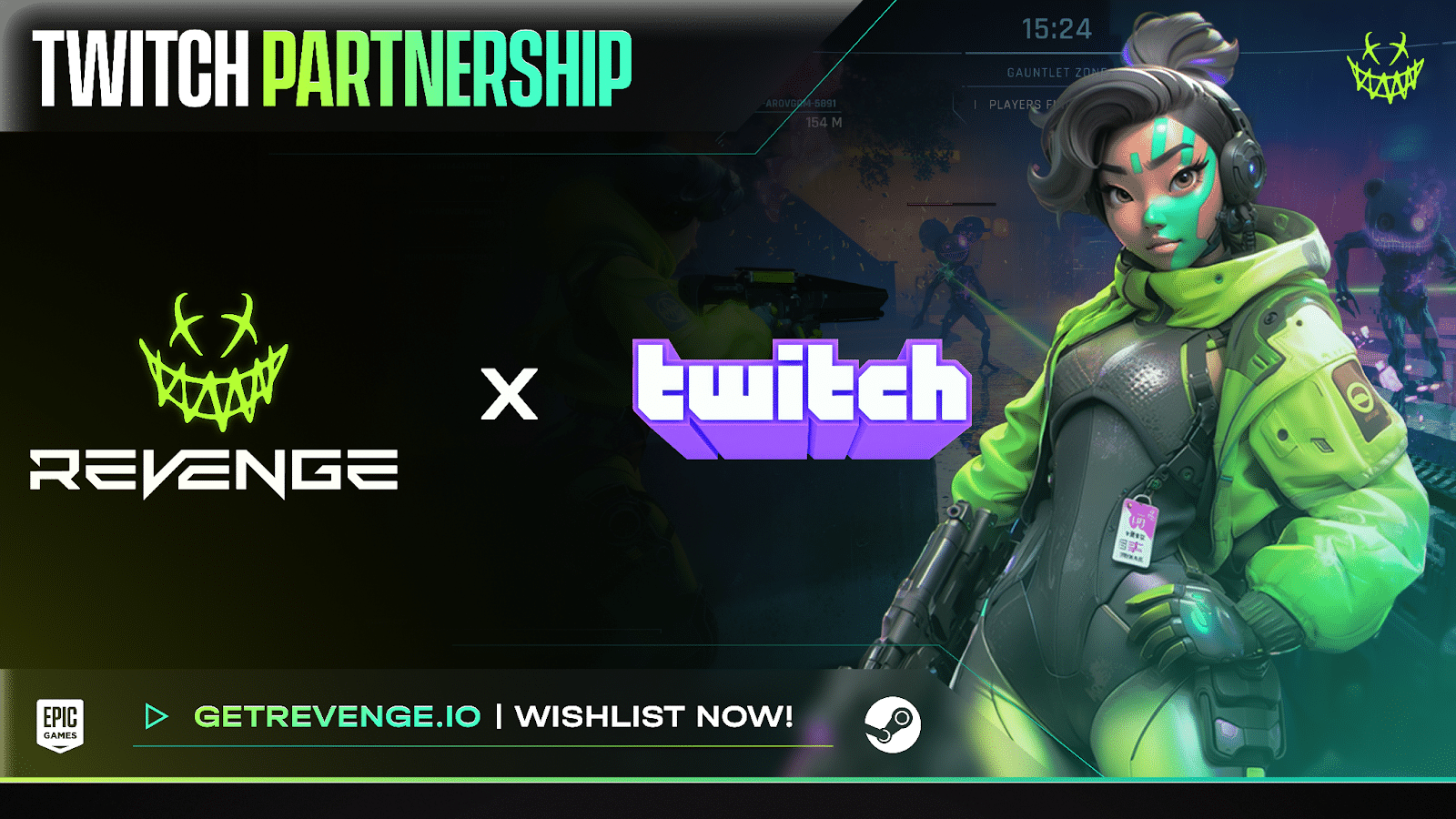 Un personnage futuriste en armure vert fluo et casque audio se tient devant le logo Twitch et l’univers du jeu "REVENGE", incarnant la révolution du jeu interactif.