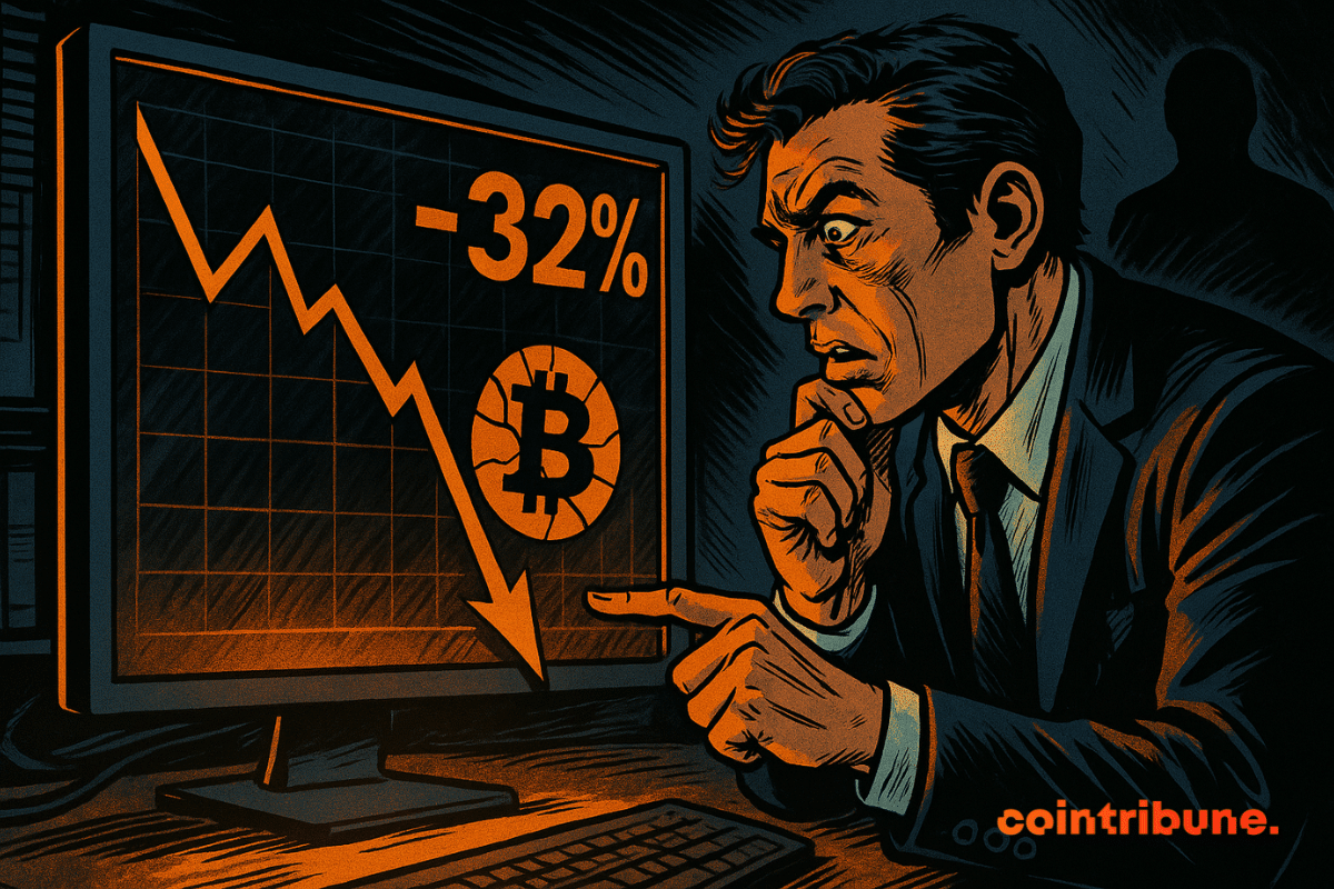 A worried analyst observes a Bitcoin chart falling by 32%, with a menacing silhouette in the background, a tense atmosphere.