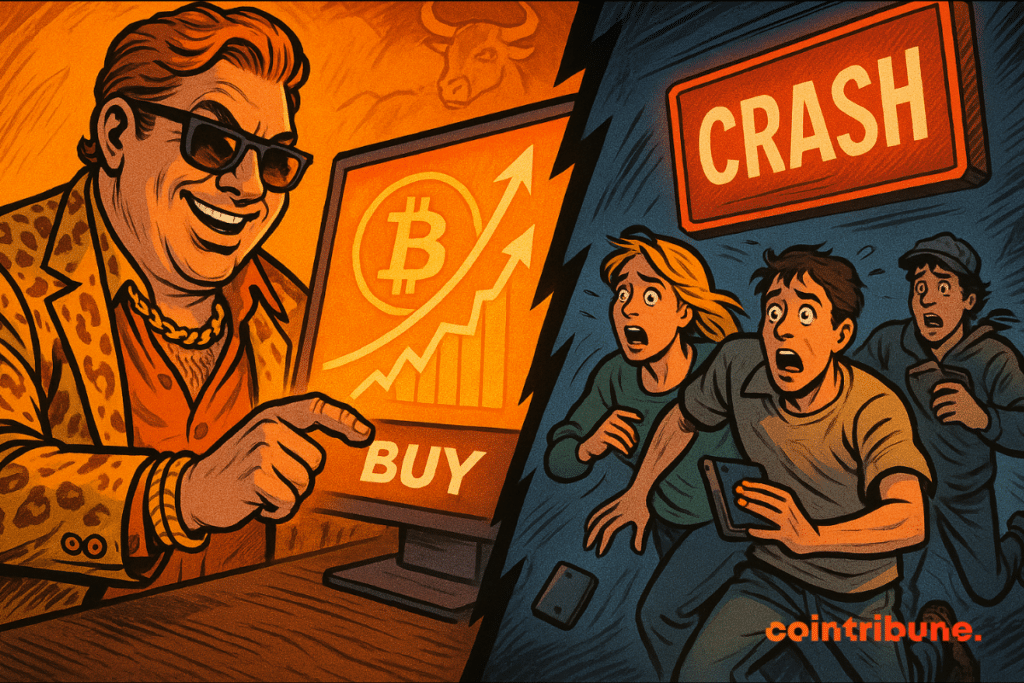 Cena dividida de uma baleia de criptomoedas comprando Bitcoin enquanto comerciantes de varejo fogem de uma queda do mercado.
