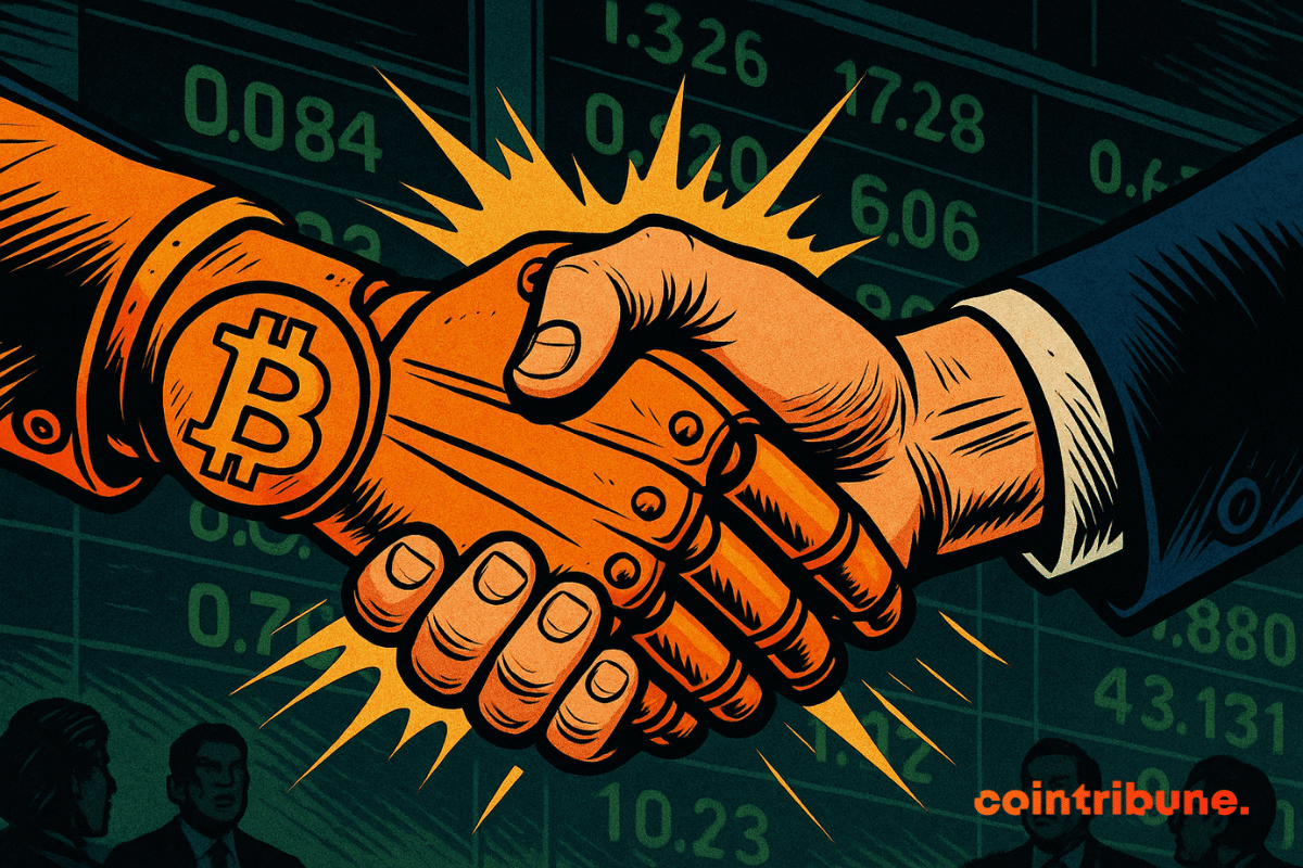Una mano robótica de Bitcoin y una mano humana de negocios se estrechan firmemente frente a los números del mercado de valores, simbolizando la cooperación entre las criptomonedas y las finanzas tradicionales.
