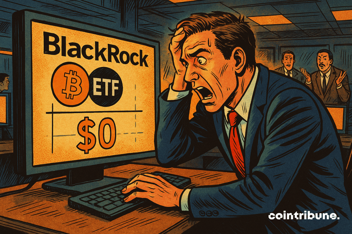Ilustración de un trader mirando fijamente una pantalla de computadora que muestra el logotipo de BlackRock, un símbolo de Bitcoin y el valor "0 $".