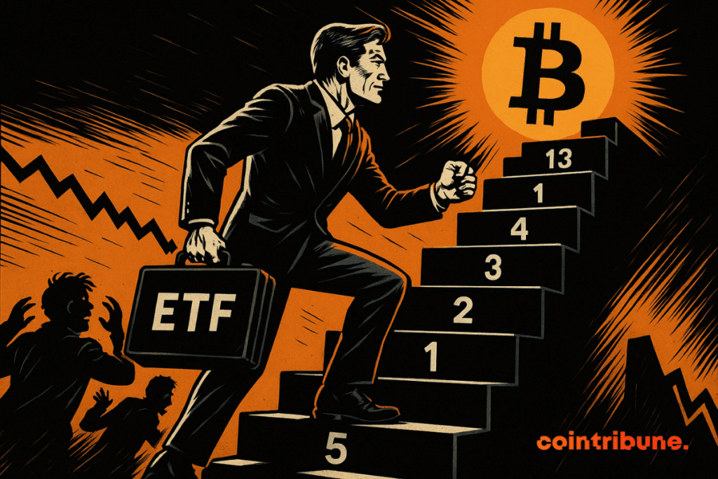 Un investisseur déterminé gravit un escalier vers un Bitcoin lumineux.