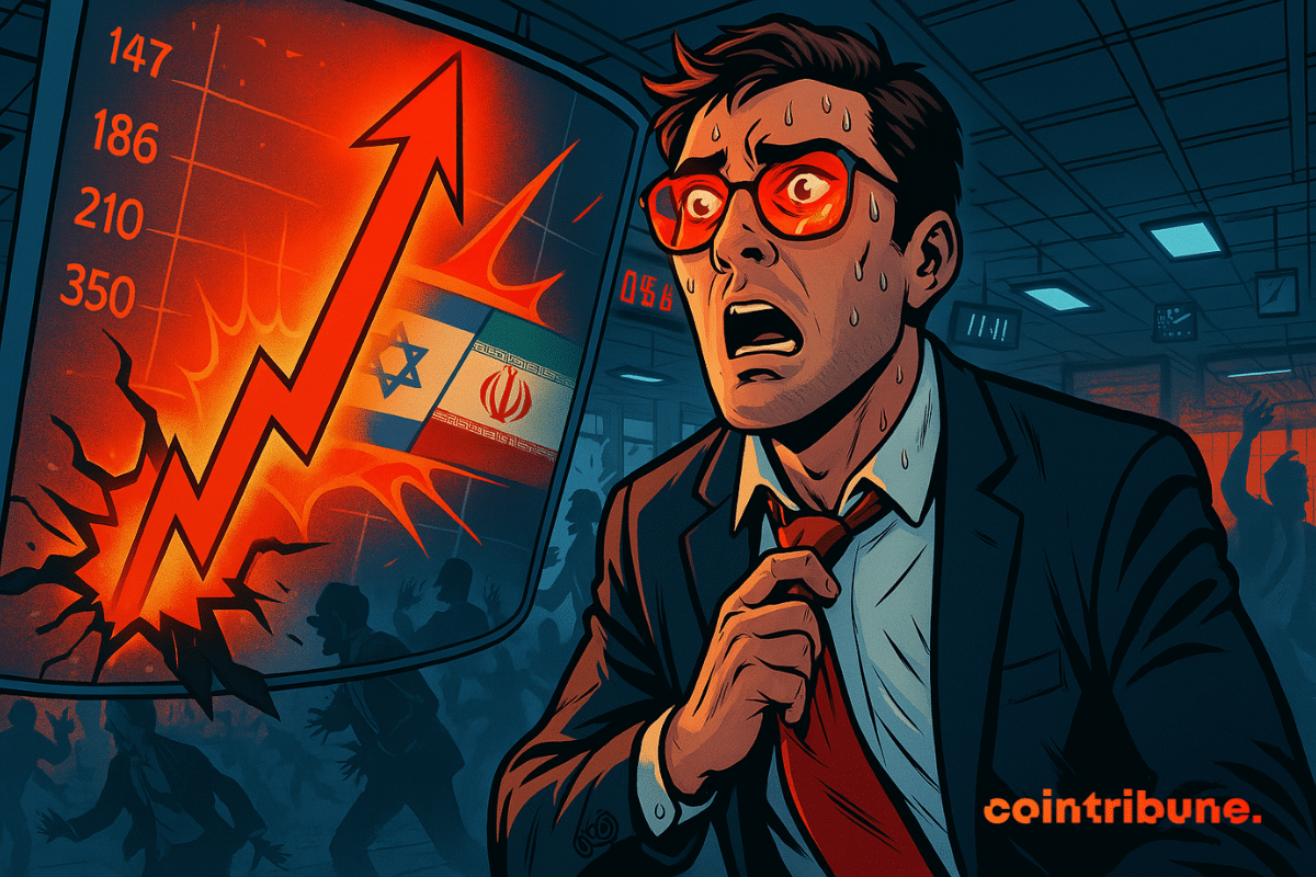 Analista financiero sorprendido por las cifras del mercado de valores, con una pantalla mostrándose en el fondo