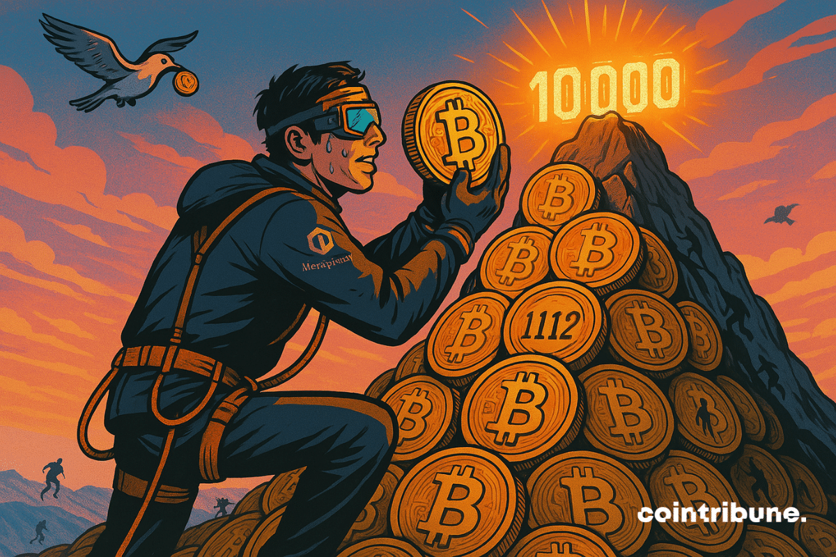Un montañero geek deja caer una moneda de bitcoin en la cima de una montaña