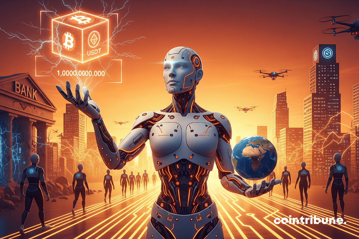 IA futuriste brandit un portefeuille crypto devant une banque en ruine