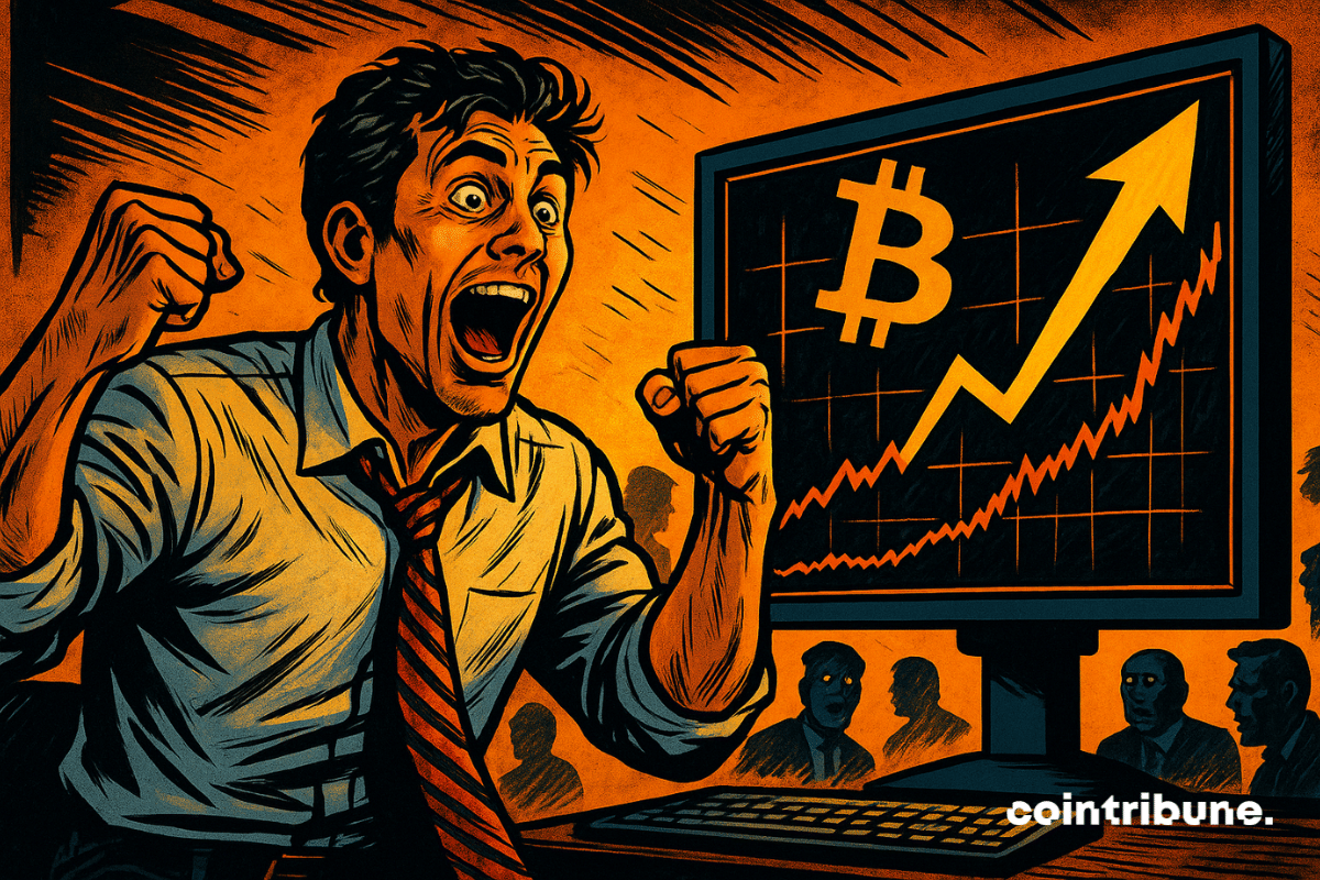 An euphoric trader bursts with joy in front of a screen showing Bitcoin's spectacular rise. The electrifying atmosphere, shocked silhouettes, and bright colors heighten the dramatic tension.